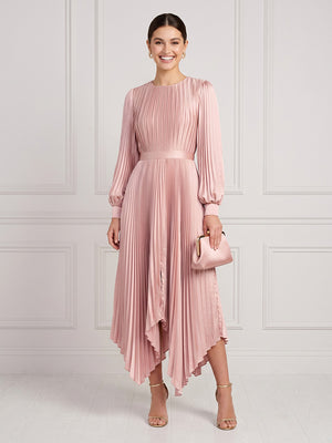 Satin A Line Long Sleeves Midi Cocktail Dresses with Pleats