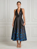 Satin A Line V Neck Sleeveless Midi Cocktail Dresses with Pockets
