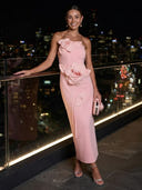 Satin Mermaid Strapless Sleeveless Midi Cocktail Dresses with 3D Flower