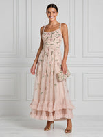 Tulle A Line Square Neck Spaghetti Straps Midi Cocktail Dresses with Embroidery