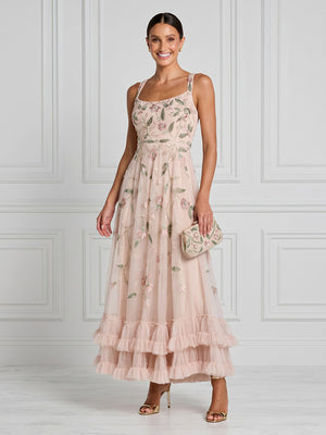 Tulle A Line Square Neck Spaghetti Straps Midi Cocktail Dresses with Embroidery