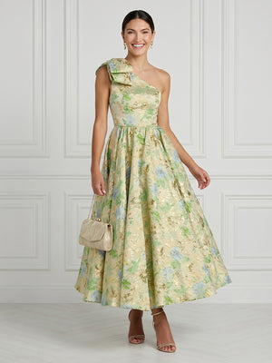 Satin A Line One Shoulder Long Cocktail Dresses with Bow