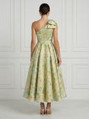 Satin A Line One Shoulder Long Cocktail Dresses with Bow