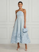Satin A Line Strapless Midi Cocktail Dresses with Lace