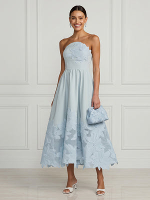 Satin A Line Strapless Midi Cocktail Dresses with Lace