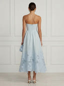 Satin A Line Strapless Midi Cocktail Dresses with Lace