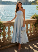 Satin A Line Strapless Midi Cocktail Dresses with Lace