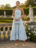 Satin A Line Strapless Midi Cocktail Dresses with Lace