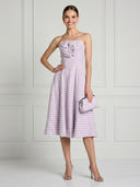 Satin A Line Strapless Sleeveless Midi Cocktail Dresses with 3D Flower