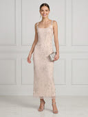 Sequin Mermaid Square Neck Sleeveless Midi Cocktail Dresses with Beads