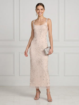 Sequin Mermaid Square Neck Sleeveless Midi Cocktail Dresses with Beads