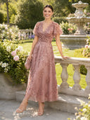 Tulle A Line V Neck Short Sleeves Ankle Length Cocktail Dresses
