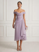 Chiffon Mermaid Off Shoulder Sleeveless Tea Length Cocktail Dresses