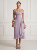 Chiffon Mermaid Off Shoulder Sleeveless Tea Length Cocktail Dresses