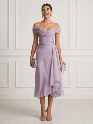 Chiffon Mermaid Off Shoulder Sleeveless Tea Length Cocktail Dresses