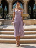 Chiffon Mermaid Off Shoulder Sleeveless Tea Length Cocktail Dresses