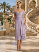 Chiffon Mermaid Off Shoulder Sleeveless Tea Length Cocktail Dresses