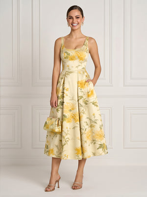 A Line Square Neck Sleeveless Tea Length Cocktail Dresses with Pockets