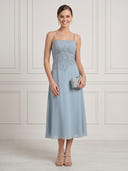 A Line Square Neck Sleeveless Midi Length Cocktail Dresses with Beads