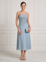 A Line Square Neck Sleeveless Midi Length Cocktail Dresses with Beads