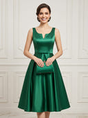 Satin A Line V Neck Sleeveless Tea Length Cocktail Dresses