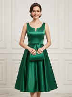 Satin A Line V Neck Sleeveless Tea Length Cocktail Dresses
