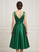 Satin A Line V Neck Sleeveless Tea Length Cocktail Dresses