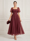 A Line Square Neck Short Sleeves Ankle Length Cocktail Dresses