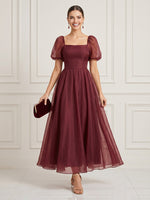 A Line Square Neck Short Sleeves Ankle Length Cocktail Dresses