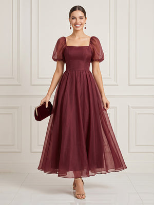 A Line Square Neck Short Sleeves Ankle Length Cocktail Dresses