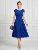 A Line Round Neck Short Sleeves Tea Length Cocktail Dresses with Bow