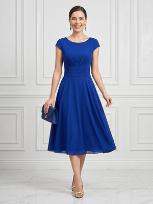 A Line Round Neck Short Sleeves Tea Length Cocktail Dresses with Bow