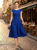 A Line Round Neck Short Sleeves Tea Length Cocktail Dresses with Bow