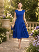 A Line Round Neck Short Sleeves Tea Length Cocktail Dresses with Bow