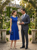 A Line Round Neck Short Sleeves Tea Length Cocktail Dresses with Bow