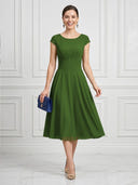 A Line Round Neck Short Sleeves Tea Length Cocktail Dresses with Bow