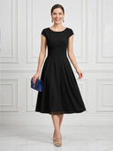 A Line Round Neck Short Sleeves Tea Length Cocktail Dresses with Bow