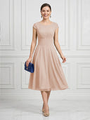 A Line Round Neck Short Sleeves Tea Length Cocktail Dresses with Bow