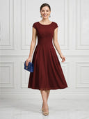 A Line Round Neck Short Sleeves Tea Length Cocktail Dresses with Bow