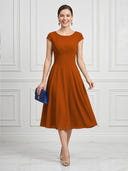 A Line Round Neck Short Sleeves Tea Length Cocktail Dresses with Bow