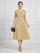 A Line Round Neck Short Sleeves Tea Length Cocktail Dresses with Bow