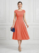A Line Round Neck Short Sleeves Tea Length Cocktail Dresses with Bow