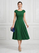 A Line Round Neck Short Sleeves Tea Length Cocktail Dresses with Bow