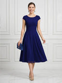 A Line Round Neck Short Sleeves Tea Length Cocktail Dresses with Bow
