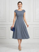 A Line Round Neck Short Sleeves Tea Length Cocktail Dresses with Bow