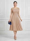 A Line Round Neck Short Sleeves Tea Length Cocktail Dresses with Bow