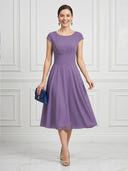 A Line Round Neck Short Sleeves Tea Length Cocktail Dresses with Bow