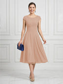 A Line Round Neck Short Sleeves Tea Length Cocktail Dresses with Bow