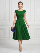 A Line Round Neck Short Sleeves Tea Length Cocktail Dresses with Bow