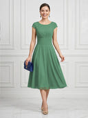 A Line Round Neck Short Sleeves Tea Length Cocktail Dresses with Bow